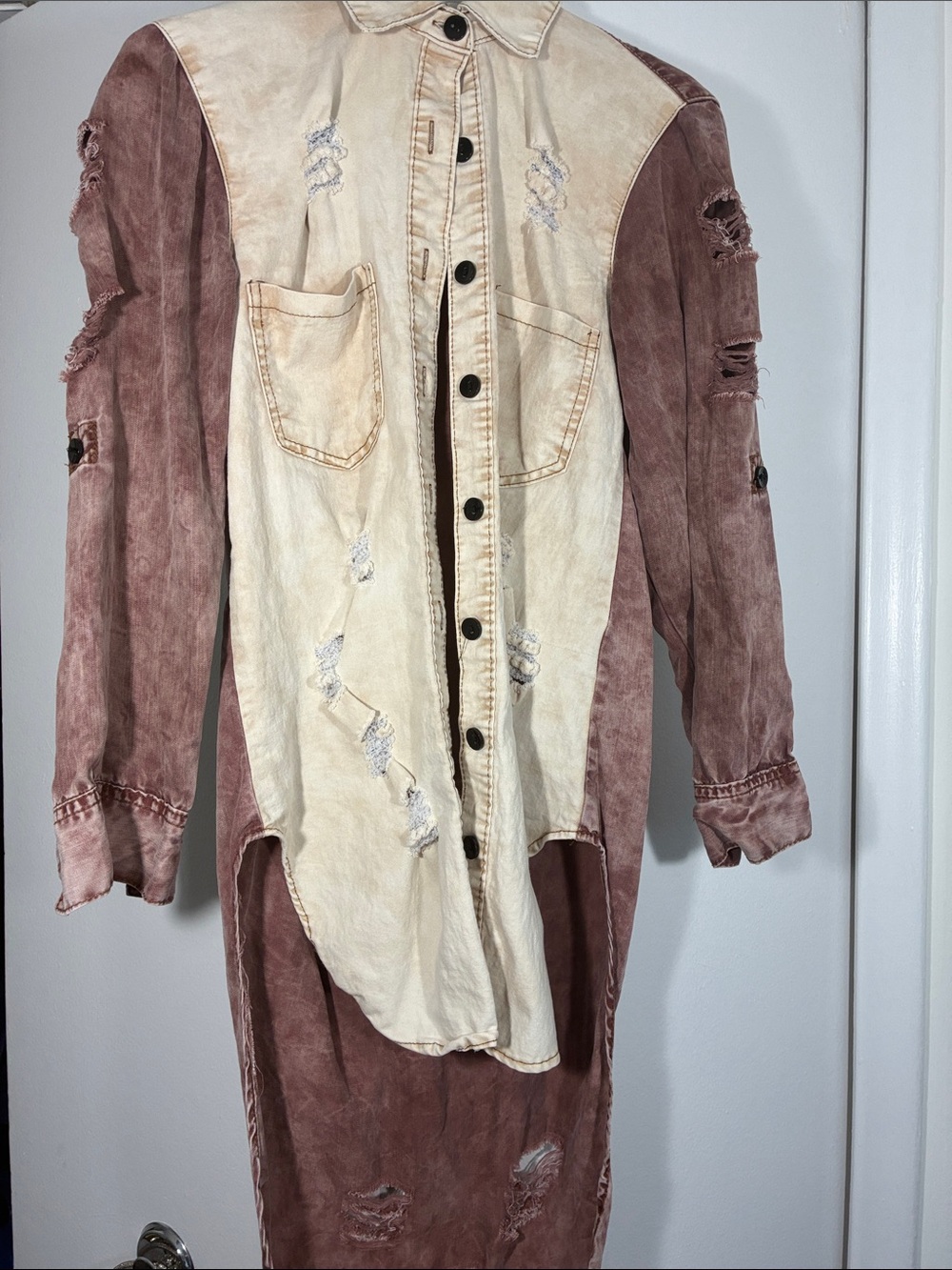 Two-Tone Distressed Jean Jacket in Cream and Dusty Rose